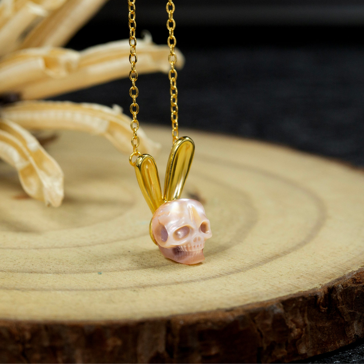 Pearl Skull Gold Bunny Ears Necklace™ Skull Accessories  – Playful Charm with a Gothic Twist