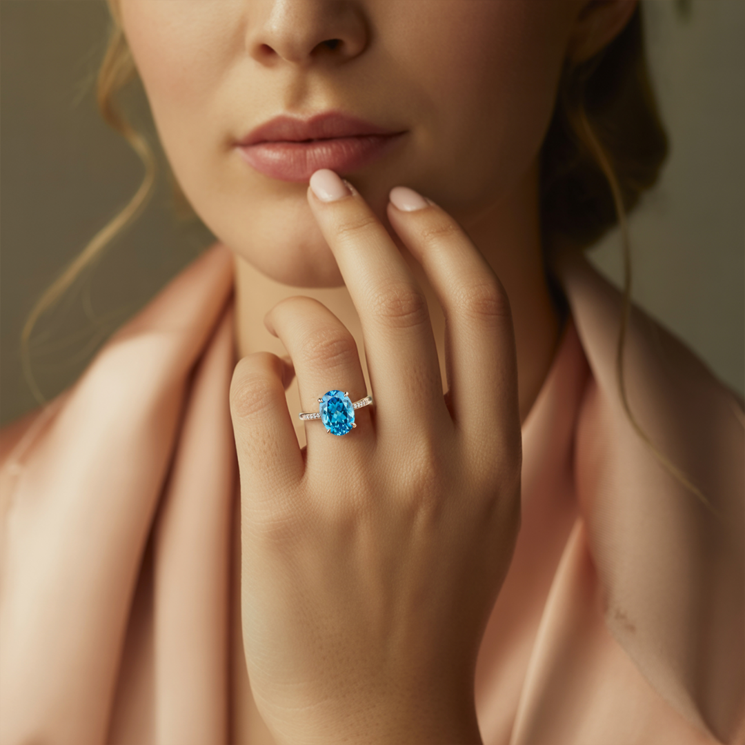 Ocean Dusk Ring™ Colored Gem Stone – Elegant Blue Moissanite Statement Ring