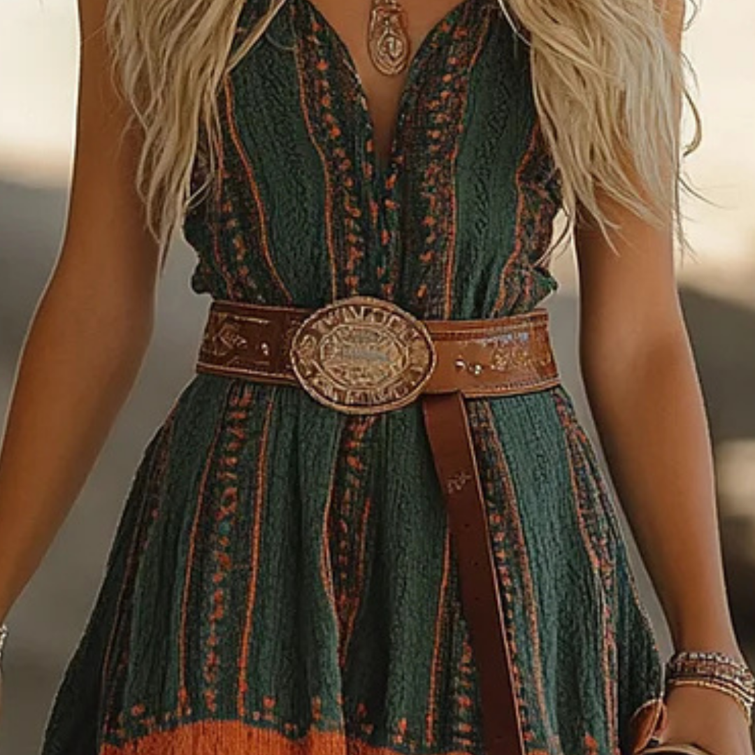 Boho Vibes Western Girl™ Retro Western Style - Vintage Summer Carnival Suspender Print Dress
