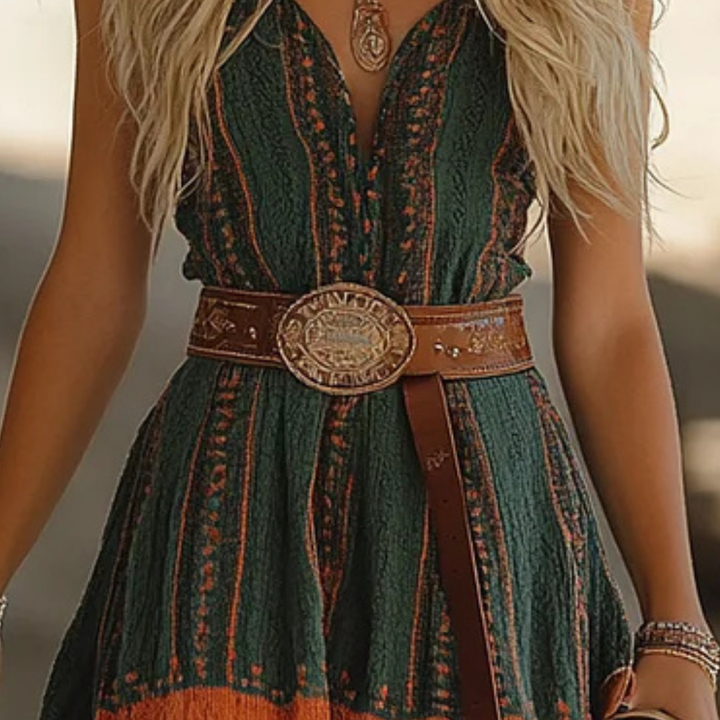 Boho Vibes Western Girl™ Retro Western Style - Vintage Summer Carnival Suspender Print Dress