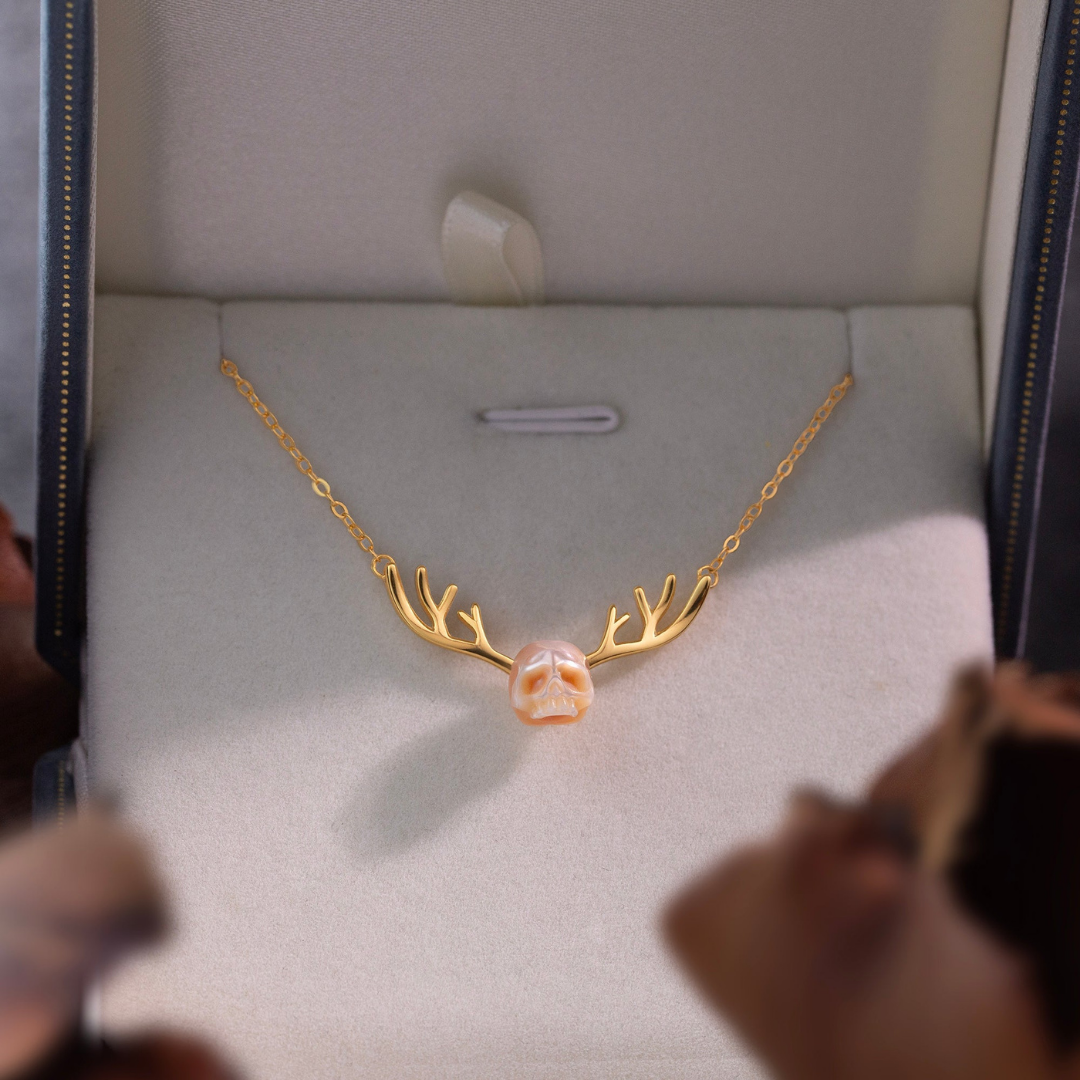 Reindeer Antler Pearl Cranium Clavicle Chain Pendant Necklace™ Skull Accessories  – Antler Elegance with Gothic Whimsy
