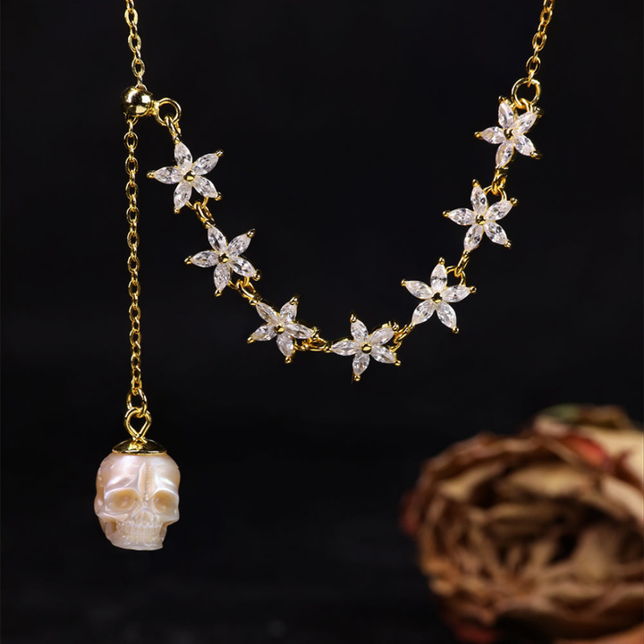 Dainty Pearl Skull Lily Necklace™ Skull Accessories  – Gold Marquise Cut CZ Flowers with Carved Pearl Skull
