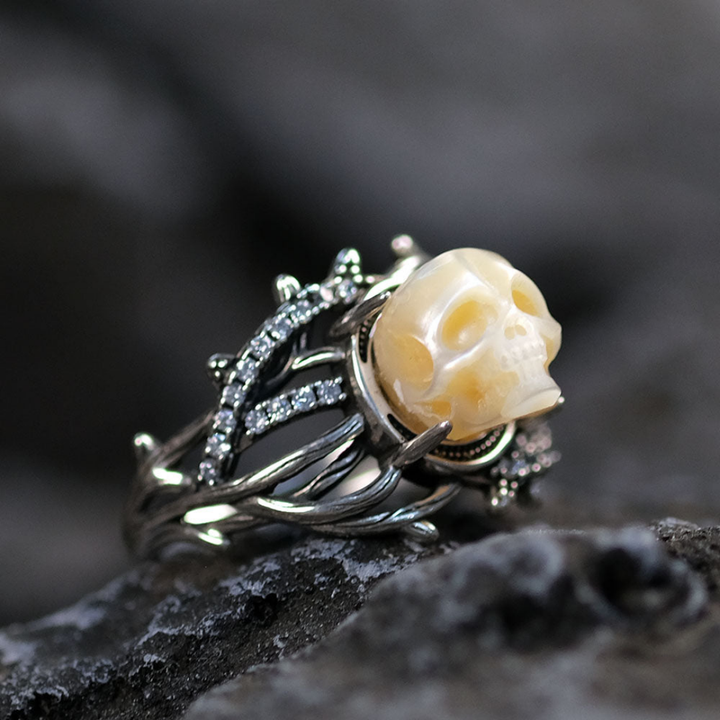 Gothic Pearl Skull Vine Branches Twist Inlaid Ring™ Skull Accessories  – Symbolic Strength Wrapped in Elegance