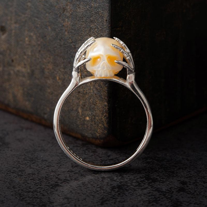 Hands On Head Pearl Cranium Ring™ Skull Accessories  – Gothic Elegance in Sculpted Pearl