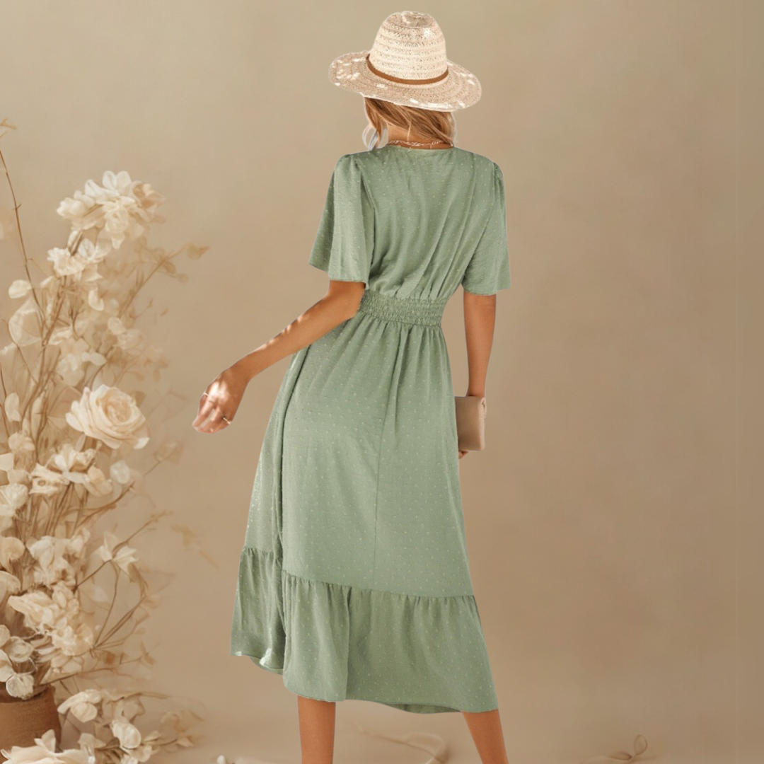 RENÉE™ – V-Neck Calf-Length Dress with Short Sleeves