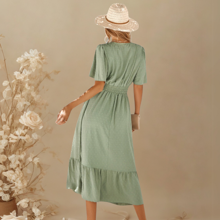 RENÉE™ – V-Neck Calf-Length Dress with Short Sleeves
