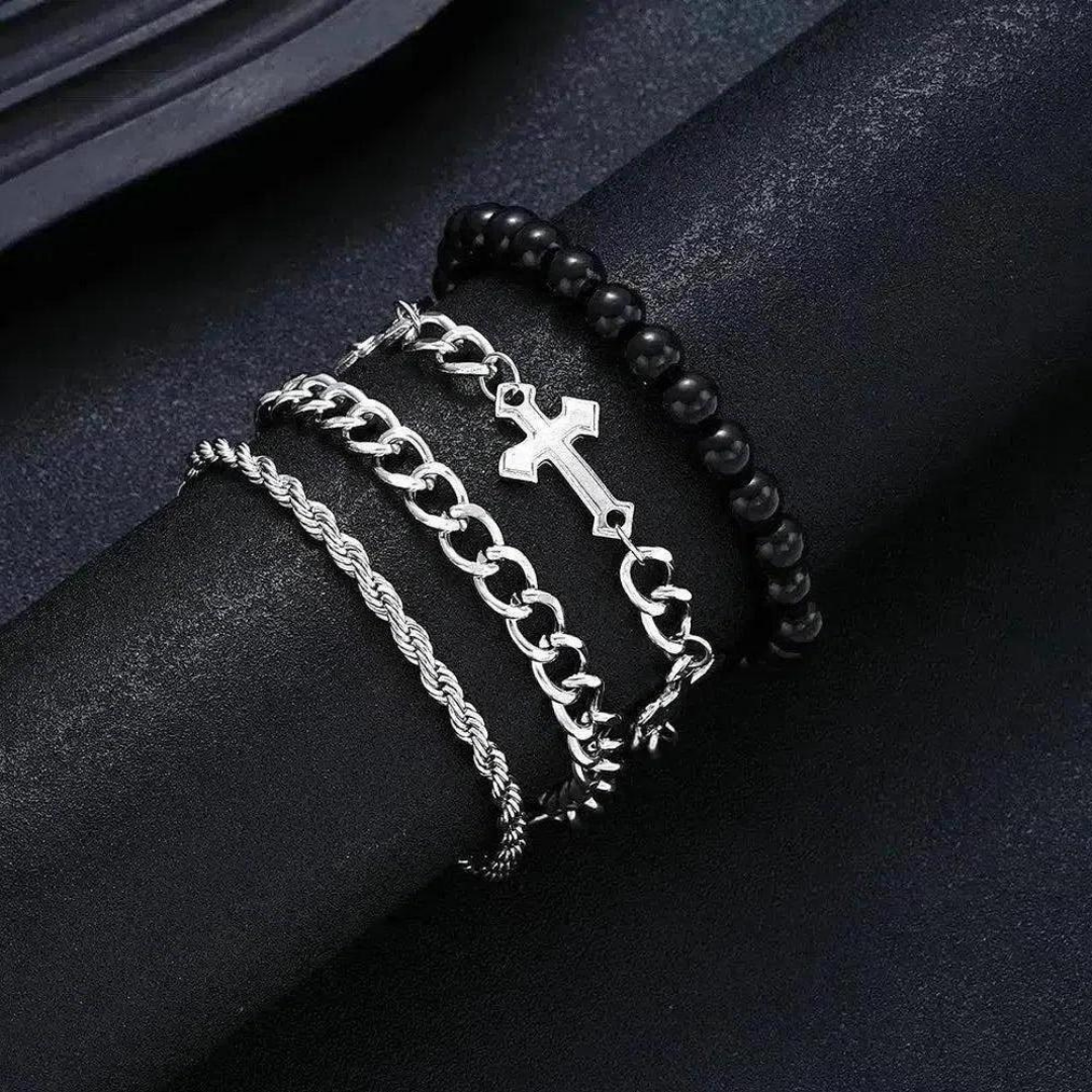 Saint Martin Marion Bracelet™ Men Jewelry – 4-Piece Stainless Steel Bracelet Set with Cross Detail