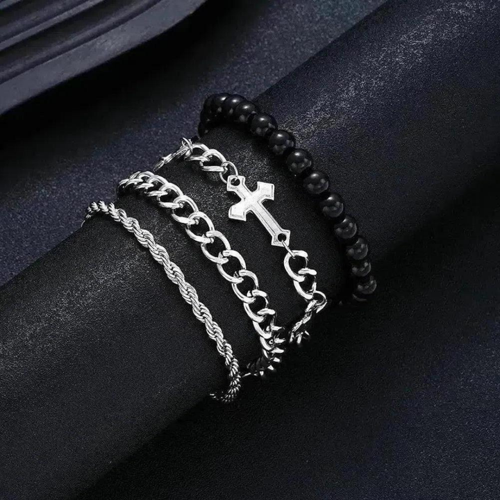 Saint Martin Marion Bracelet™ Men Jewelry – 4-Piece Stainless Steel Bracelet Set with Cross Detail