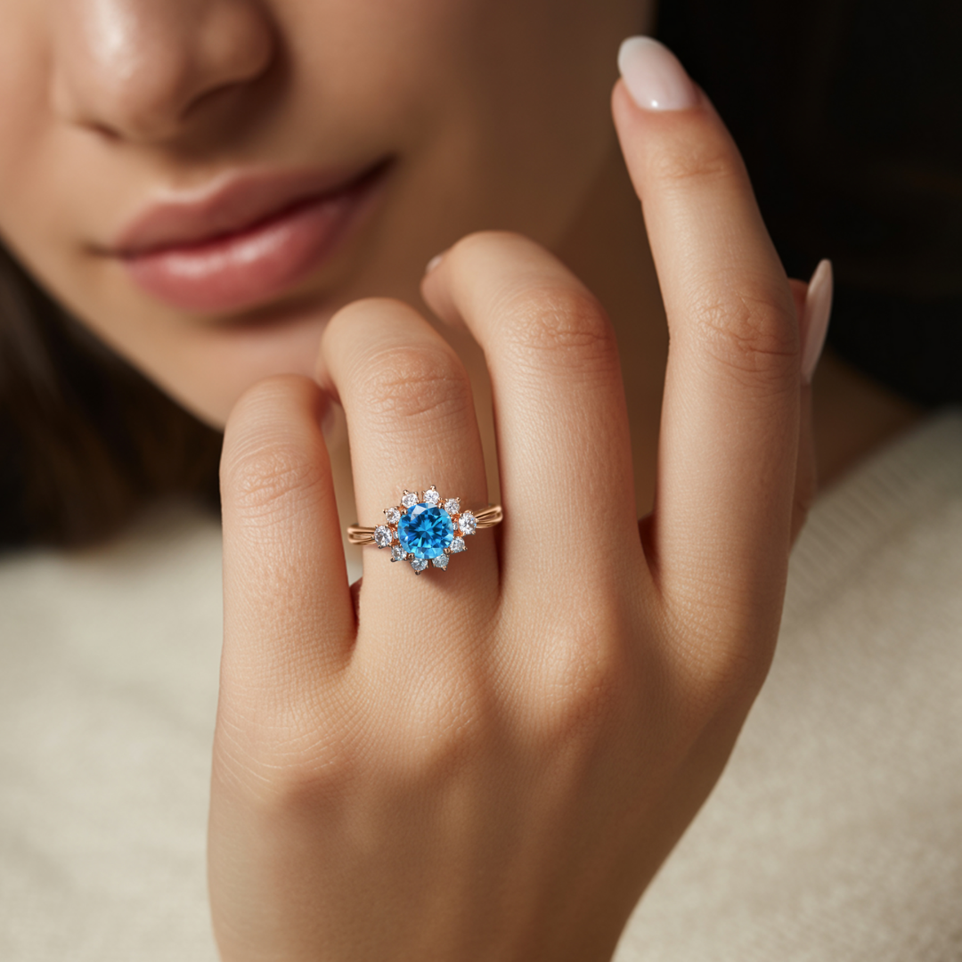 Stormlight Ring™ Colored Gem Stone – Split Band Blue Moissanite Halo Ring