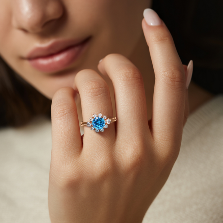 Stormlight Ring™ Colored Gem Stone – Split Band Blue Moissanite Halo Ring