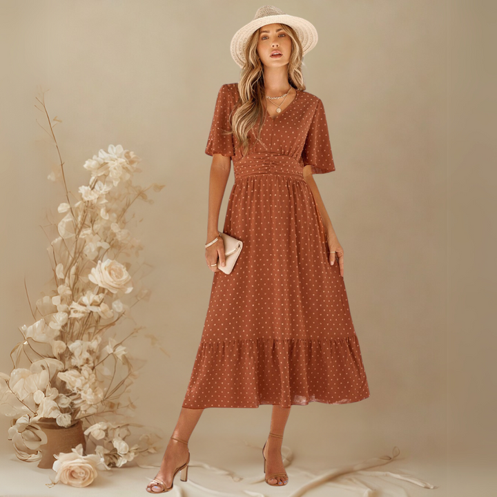 RENÉE™ – V-Neck Calf-Length Dress with Short Sleeves
