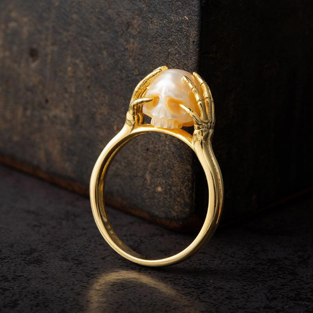 Hands On Head Pearl Cranium Ring™ Skull Accessories  – Gothic Elegance in Sculpted Pearl