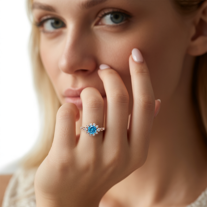 Celestial Veil Ring™ Colored Gem Stone – Twisted Band Blue Moissanite Halo Ring