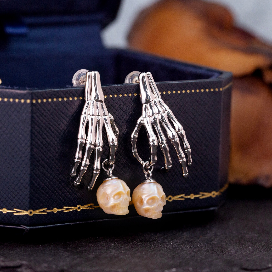 Punk Skeleton Hand Pearl Skull Dangle Earrings™ Skull Accessories  – Gothic Drama in Every Detail