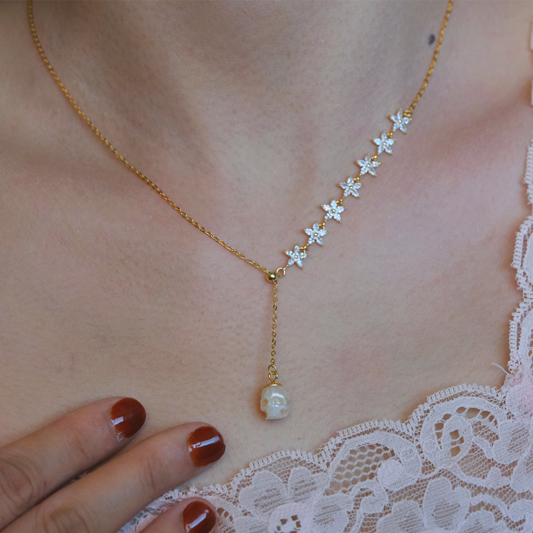 Dainty Pearl Skull Lily Necklace™ Skull Accessories  – Gold Marquise Cut CZ Flowers with Carved Pearl Skull