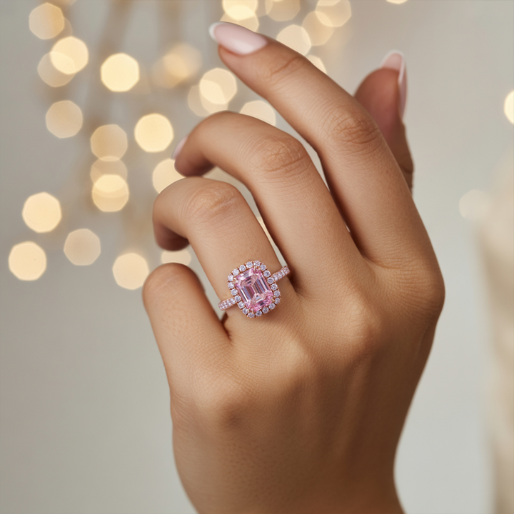 Pink Halo Ring™ Colored Gem Stone – Radiant Pink Moissanite Halo Ring