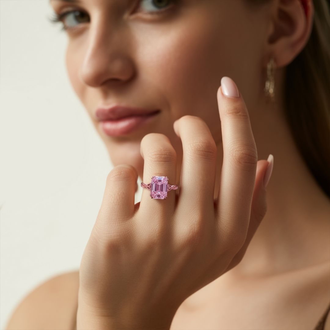 Cherry Glow Ring™ Colored Gem Stone – Ornate Pink Moissanite Regal Ring