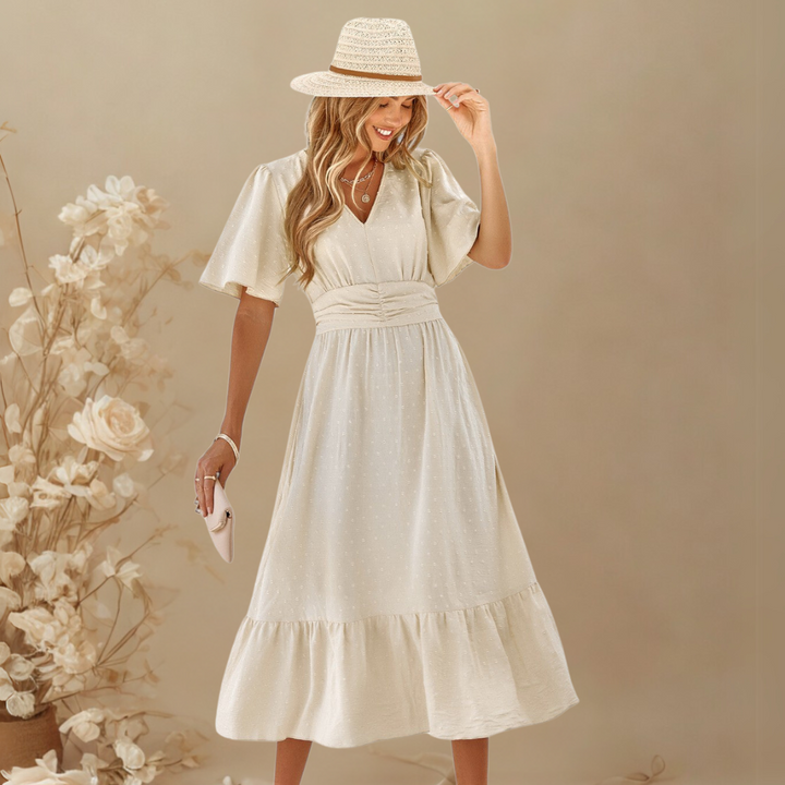 RENÉE™ – V-Neck Calf-Length Dress with Short Sleeves