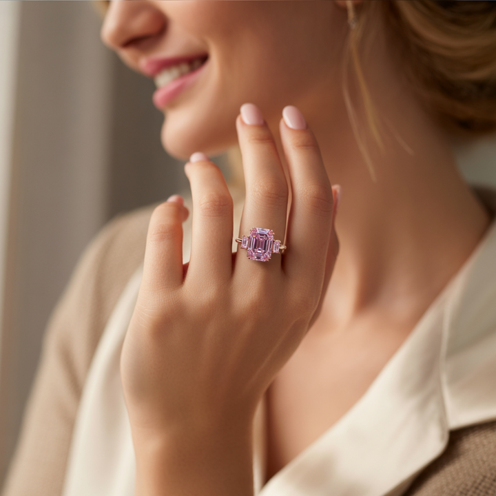 Dusky Blush Ring™ Colored Gem Stone – Three-Stone Pink Moissanite Emerald Ring