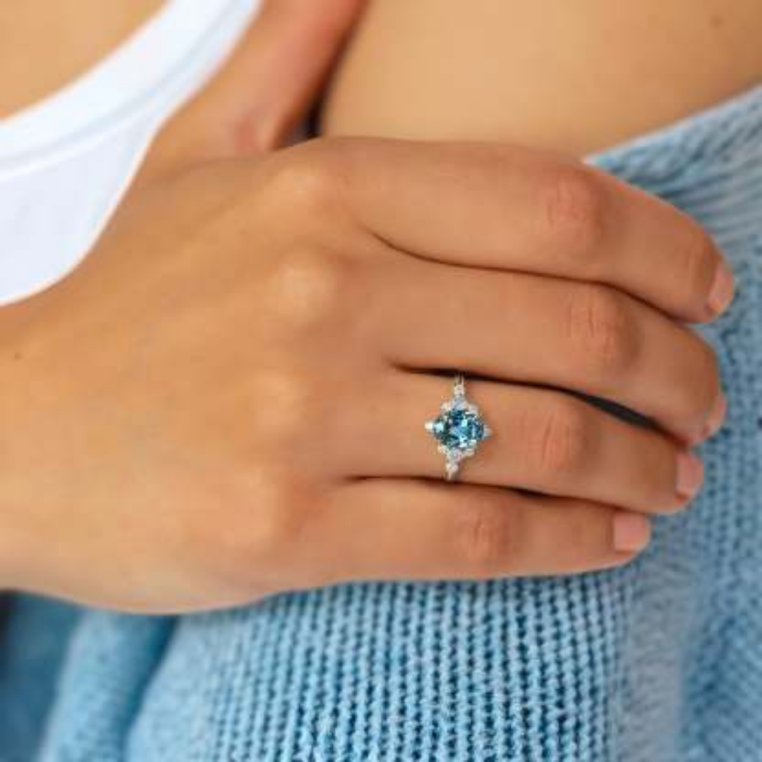 Glacier Flame Ring™ Colored Gem Stone – Ice Blue Radiance Framed in Firelight