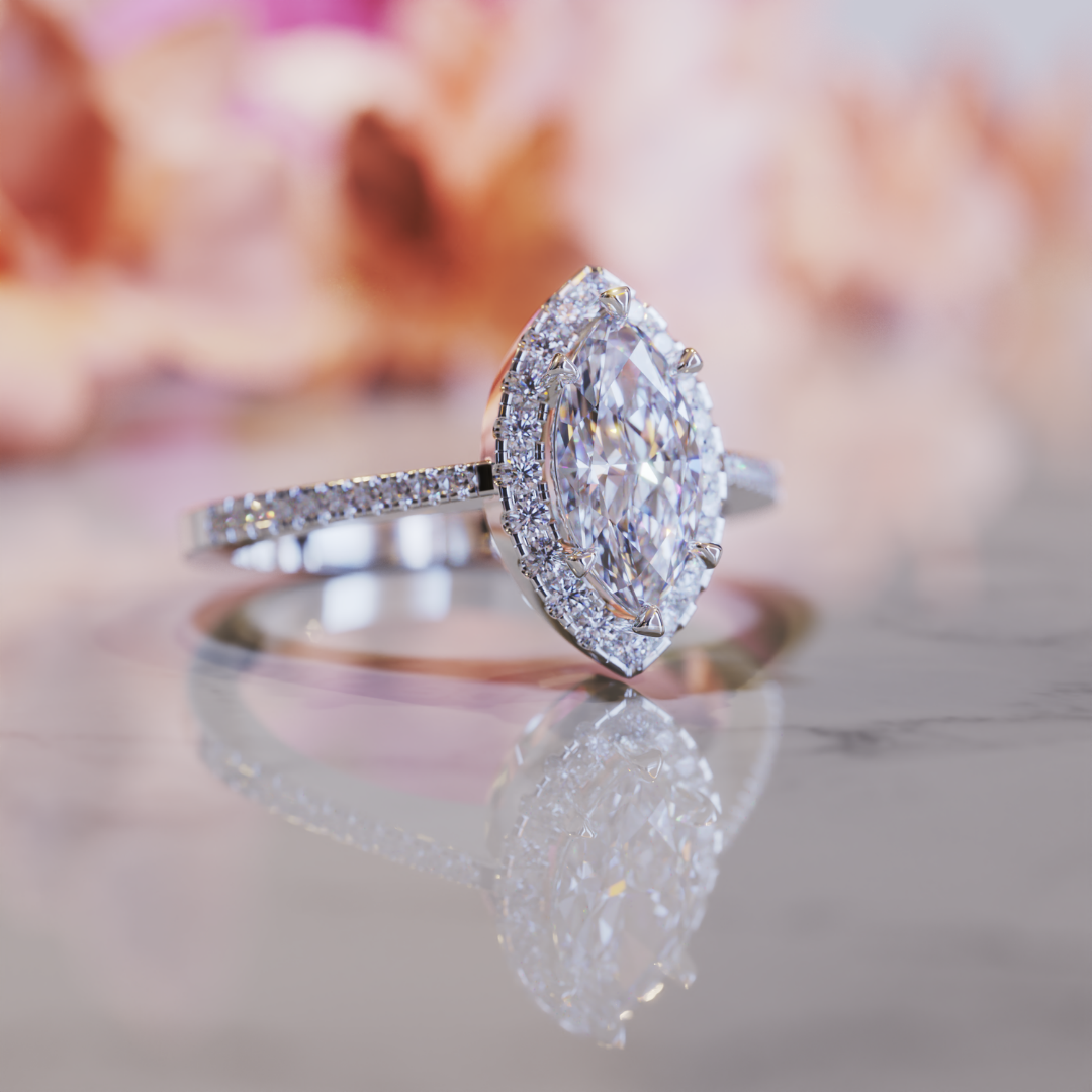 Mocking Jay Ring™ Colored Gem Stone – Sleek Sophistication in a Marquise Halo Design