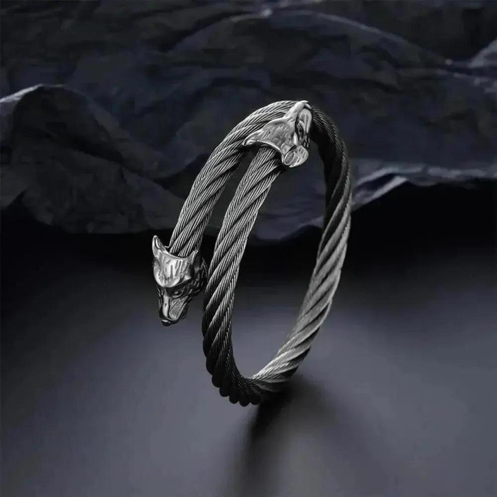 Moon Madrid Calistoga Bracelet™ Men Jewelry – Twisted Cable Torque Bracelet with Wolf Heads