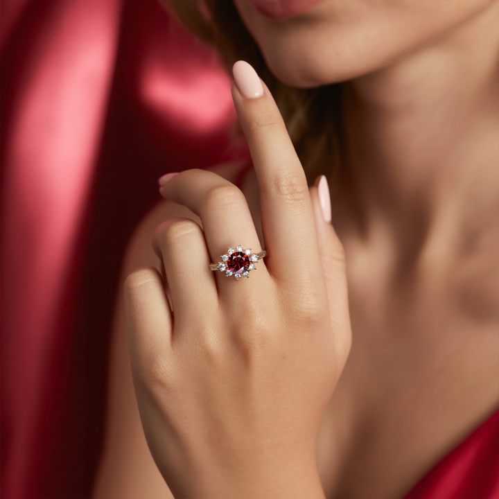 Velvet Blaze Ring™ Colored Gem Stone – Fiery Elegance in a Dazzling Halo