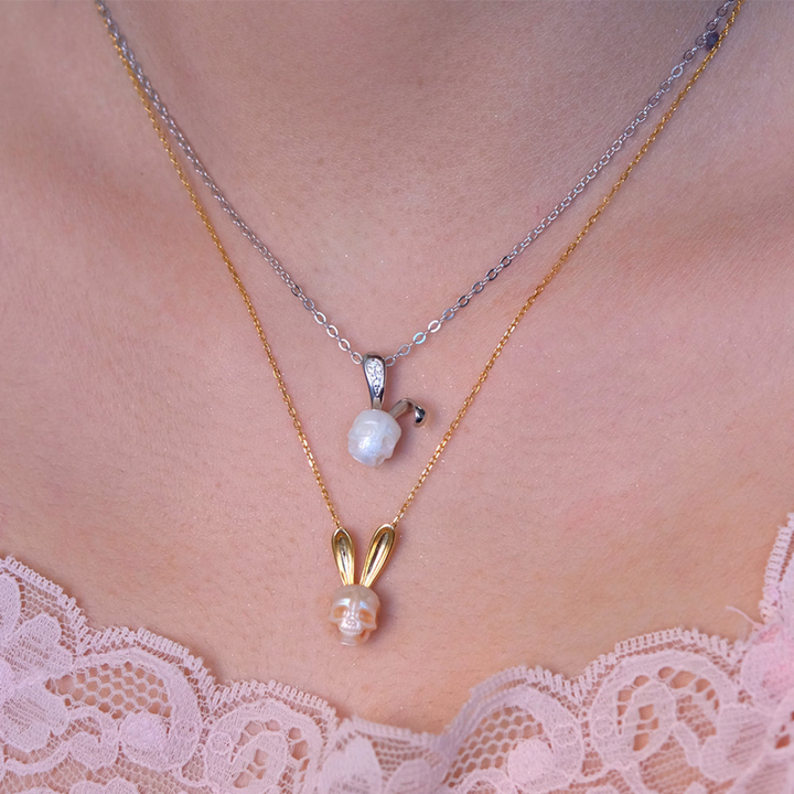 Pearl Skull Gold Bunny Ears Necklace™ Skull Accessories  – Playful Charm with a Gothic Twist