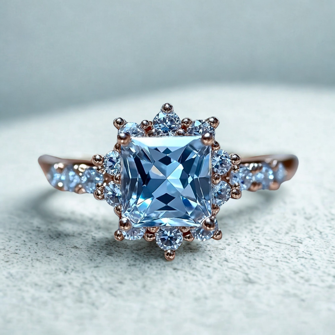 Ocean Veil Ring™ Colored Gem Stone – Regal Brilliance in a Princess-Cut Halo