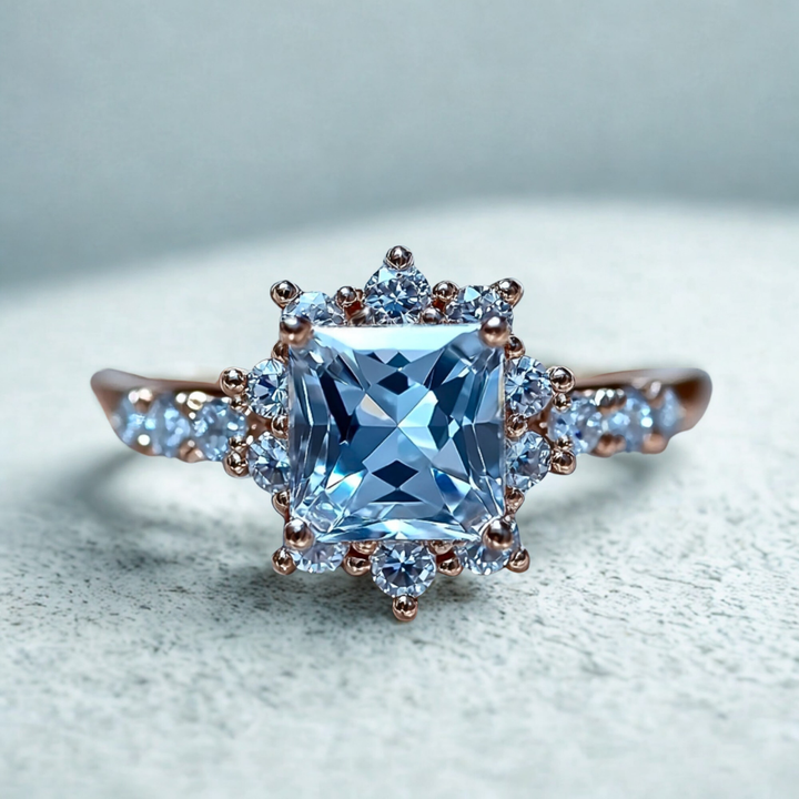Ocean Veil Ring™ Colored Gem Stone – Regal Brilliance in a Princess-Cut Halo
