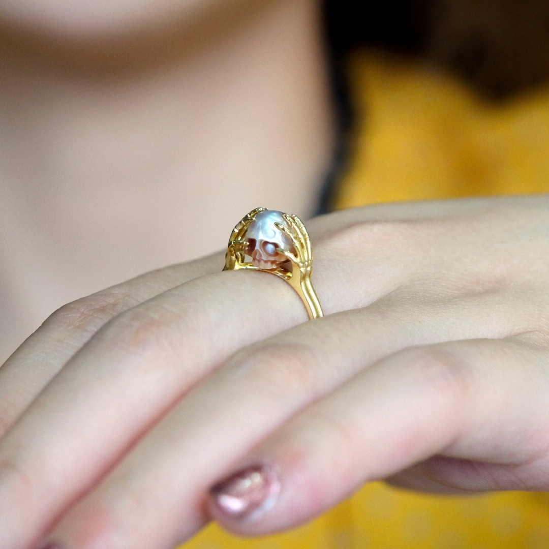 Hands On Head Pearl Cranium Ring™ Skull Accessories  – Gothic Elegance in Sculpted Pearl