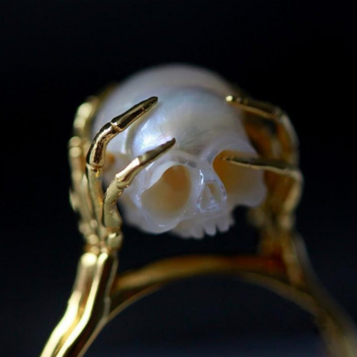 Be A Thinker Pearl Cranium Ring™ Skull Accessories  – Thoughtful Artistic Design with Hand-Carved Pearl Skull