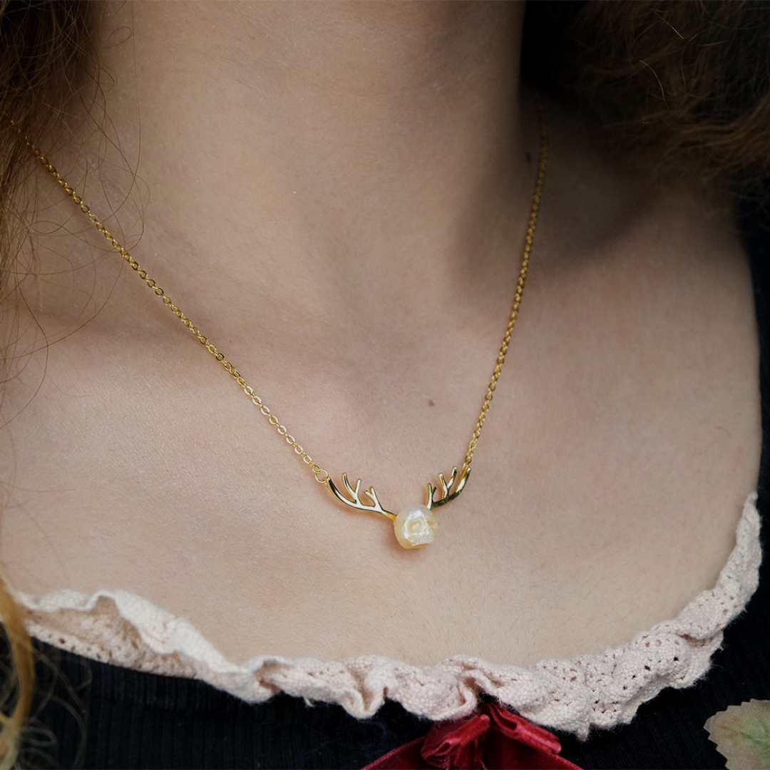 Reindeer Antler Pearl Cranium Clavicle Chain Pendant Necklace™ Skull Accessories  – Antler Elegance with Gothic Whimsy