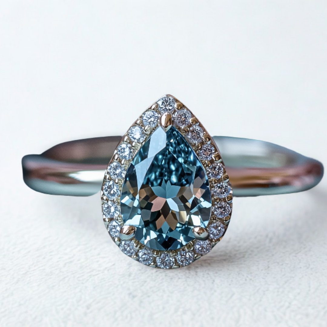 Blue Flare Ring™ Colored Gem Stone – Dazzling Elegance in a Pear-Cut Halo Design