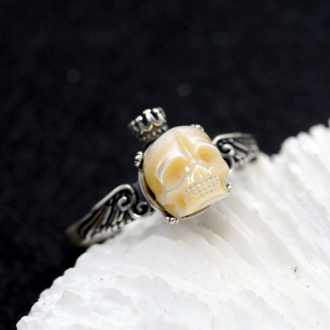 Antique Pearl Skull Queen Crown Engraved Ring™ Skull Accessories  – Vintage Skull Ring with Regal Crown and Intricate Carvings