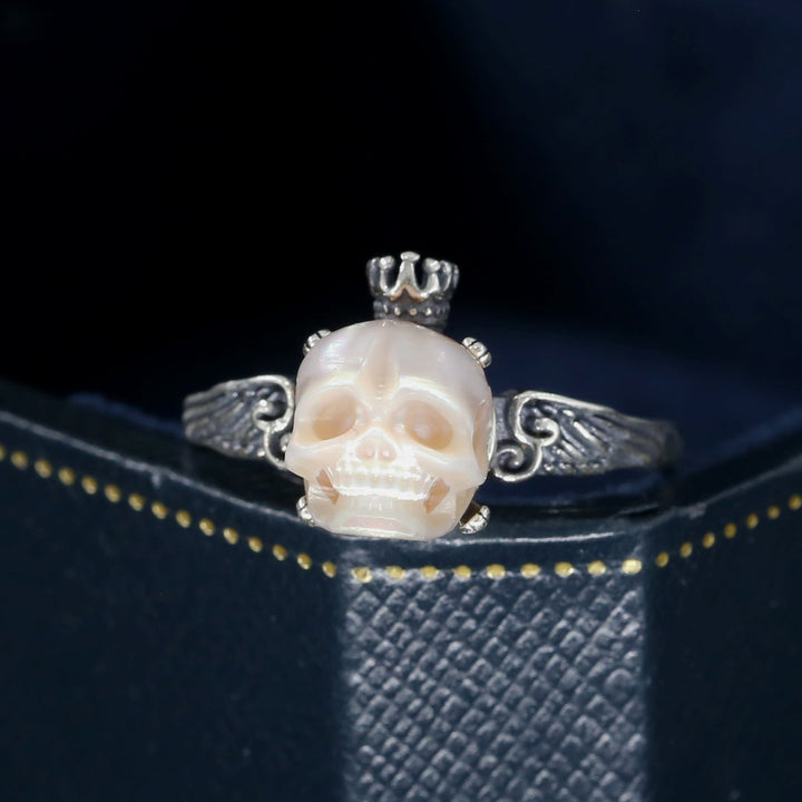 Antique Pearl Skull Queen Crown Engraved Ring™ Skull Accessories  – Vintage Skull Ring with Regal Crown and Intricate Carvings