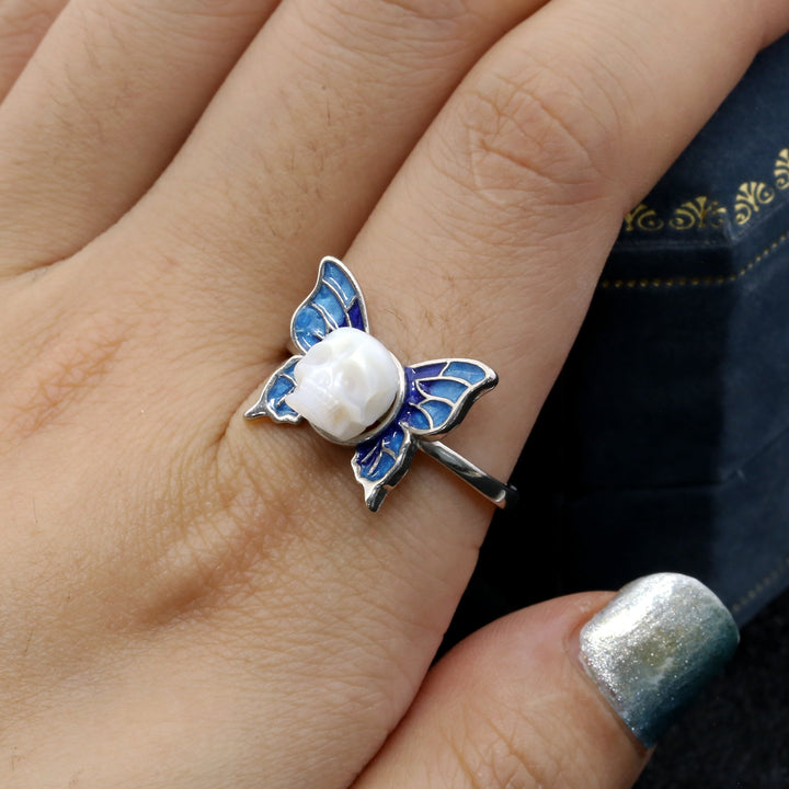 Art Deco Pearl Skull Butterfly Ring™ Skull Accessories - Elegant Fusion of Pearl Skull and Butterfly Design