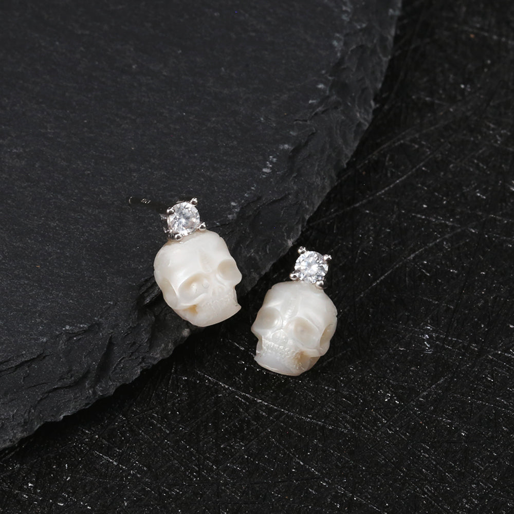 Art Deco Round Cubic Zirconia Pearl Skull CZ Stud Earrings™ Skull Accessories – Bold Elegance with a Classic Edge