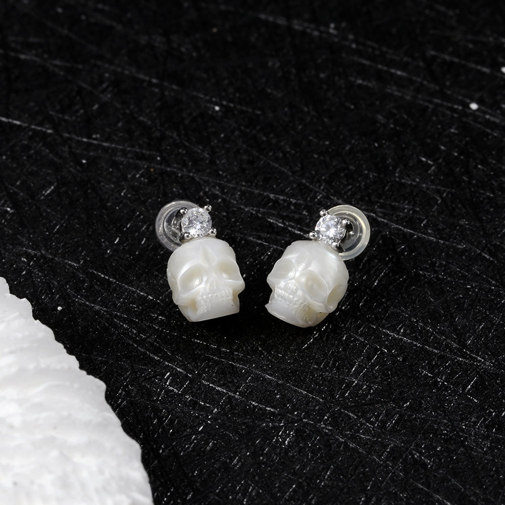 Art Deco Round Cubic Zirconia Pearl Skull CZ Stud Earrings™ Skull Accessories – Bold Elegance with a Classic Edge