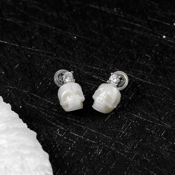 Art Deco Round Cubic Zirconia Pearl Skull CZ Stud Earrings™ Skull Accessories – Bold Elegance with a Classic Edge