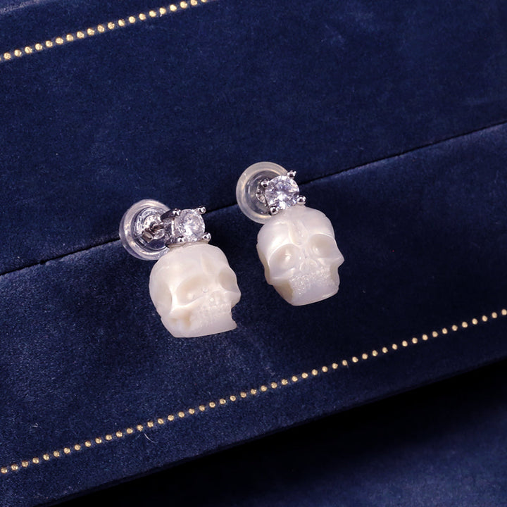 Art Deco Round Cubic Zirconia Pearl Skull CZ Stud Earrings™ Skull Accessories – Bold Elegance with a Classic Edge