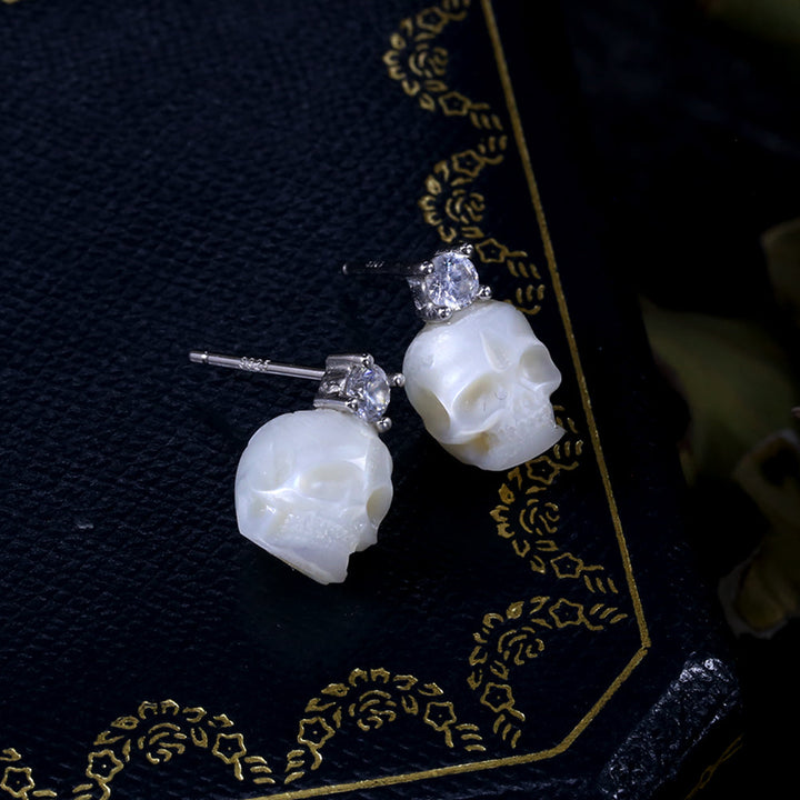 Art Deco Round Cubic Zirconia Pearl Skull CZ Stud Earrings™ Skull Accessories – Bold Elegance with a Classic Edge