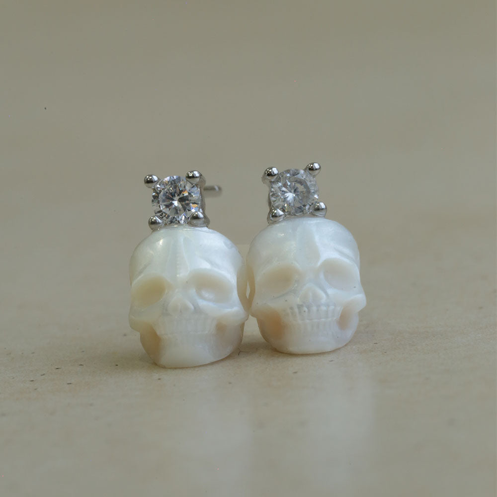 Art Deco Round Cubic Zirconia Pearl Skull CZ Stud Earrings™ Skull Accessories – Bold Elegance with a Classic Edge
