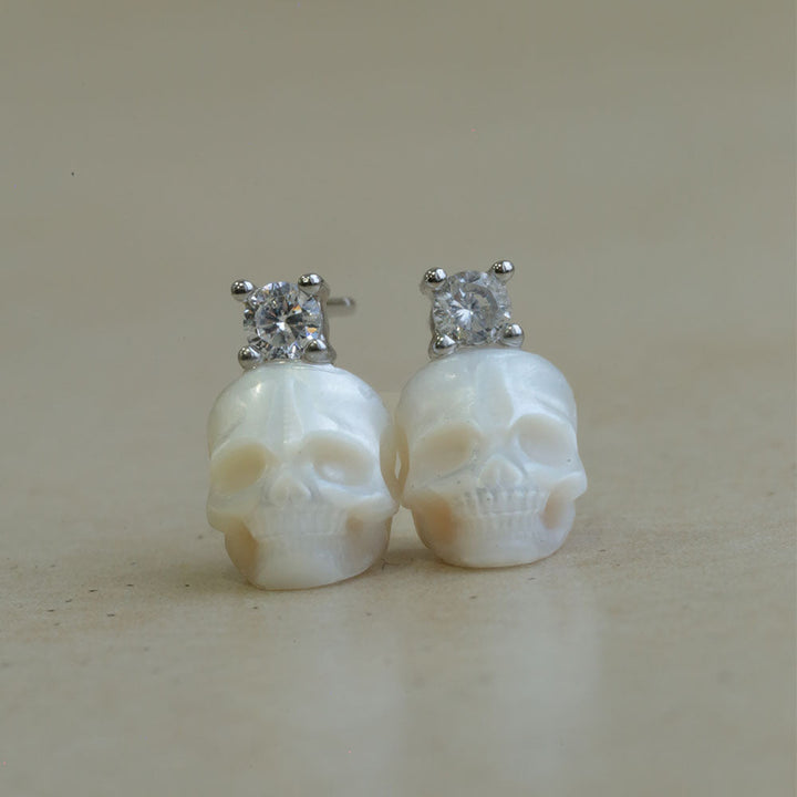 Art Deco Round Cubic Zirconia Pearl Skull CZ Stud Earrings™ Skull Accessories – Bold Elegance with a Classic Edge