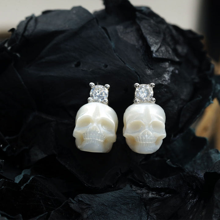 Art Deco Round Cubic Zirconia Pearl Skull CZ Stud Earrings™ Skull Accessories – Bold Elegance with a Classic Edge