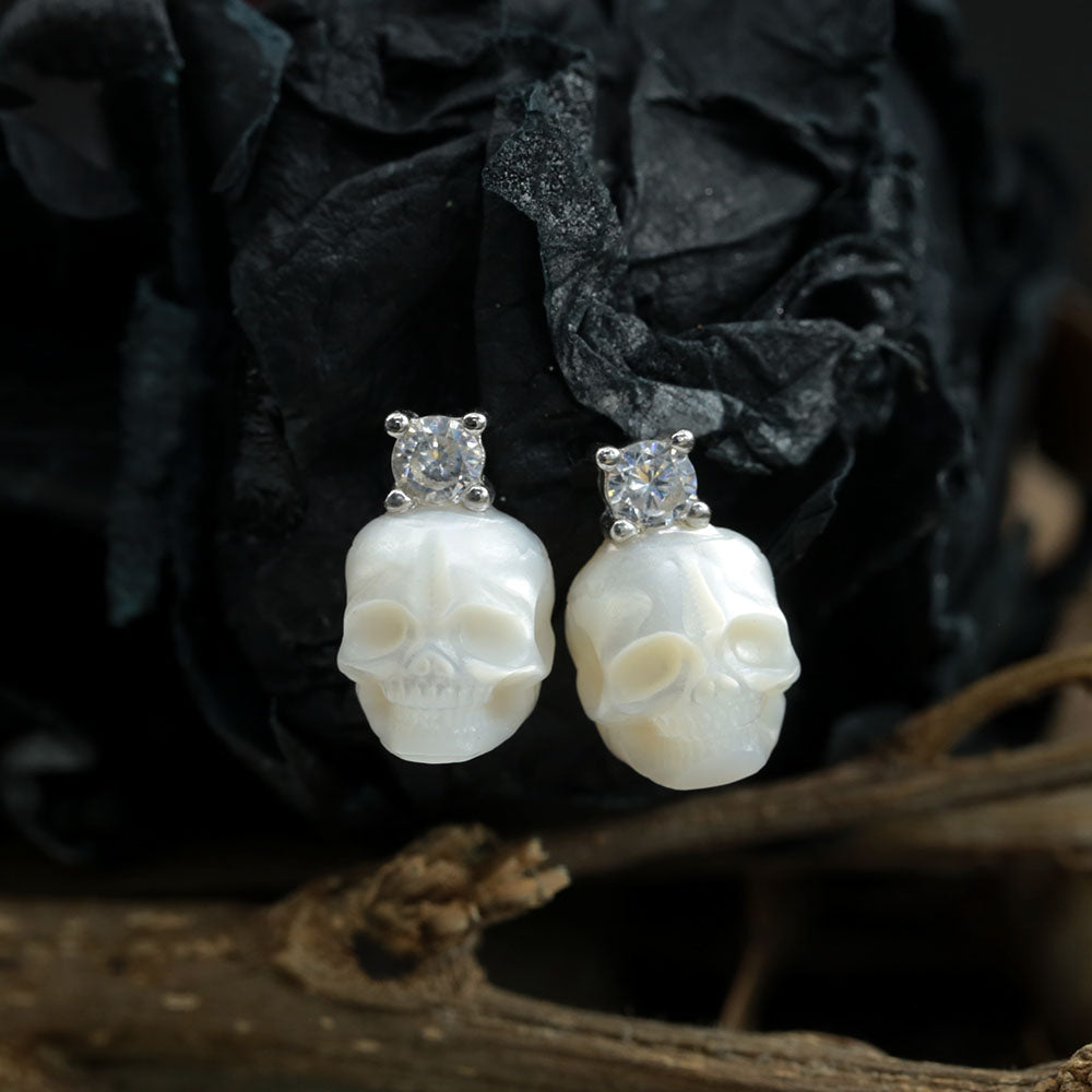 Art Deco Round Cubic Zirconia Pearl Skull CZ Stud Earrings™ Skull Accessories – Bold Elegance with a Classic Edge