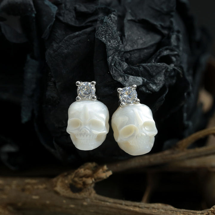 Art Deco Round Cubic Zirconia Pearl Skull CZ Stud Earrings™ Skull Accessories – Bold Elegance with a Classic Edge