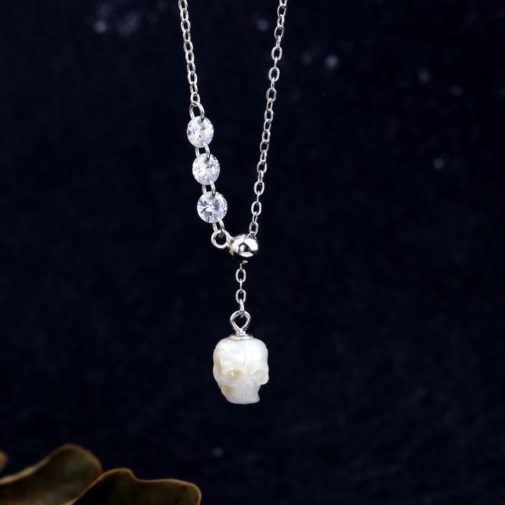 Asymmetrical Pearl Skull Cubic Zirconia Pendant Necklace™ Skull Accessories – Sophisticated Sparkle with an Edge