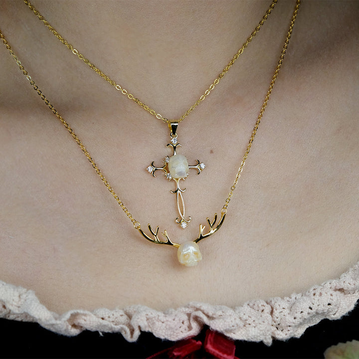 Baroque Carved Cross Pearl Skull Gemstone Pendant Necklace™ Skull Accessories  – Vintage-Inspired Cross Necklace with Carved Pearl Skull and CZ Accents