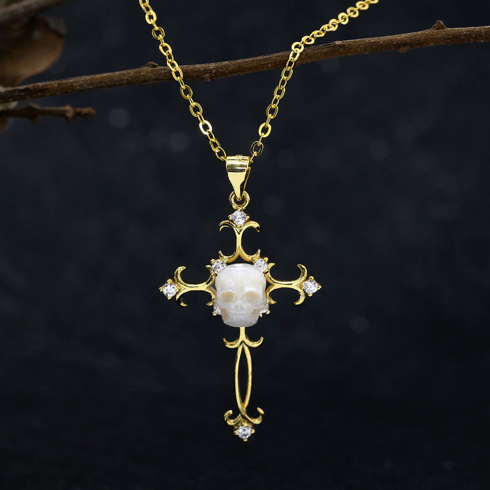 Baroque Carved Cross Pearl Skull Gemstone Pendant Necklace™ Skull Accessories  – Vintage-Inspired Cross Necklace with Carved Pearl Skull and CZ Accents